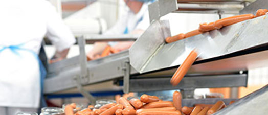 Hot dogs being transferred between conveyer belts