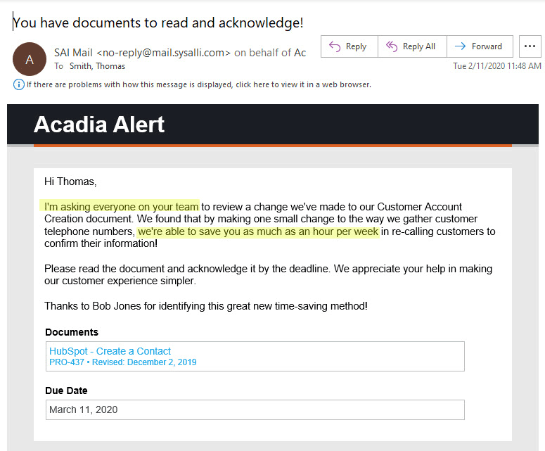 An example email of an Acadia alert notifying the user they need to read and acknowledge a document.
