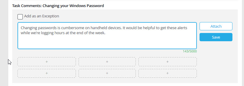A screenshot from Acadia showing a task comments form.