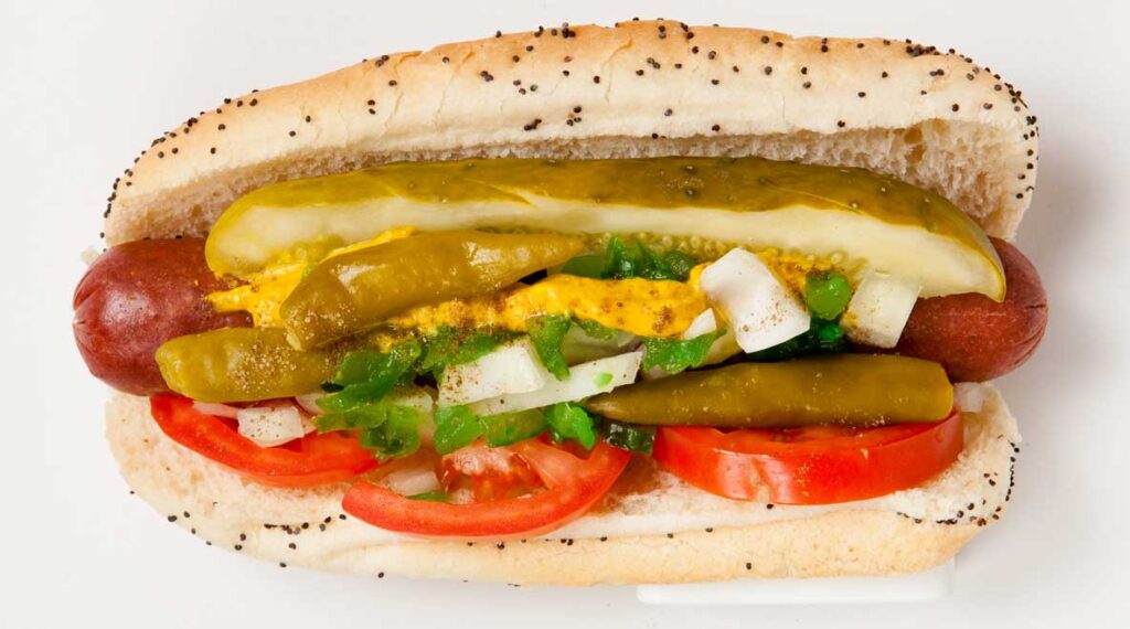 A hot dog on a bun with toppings