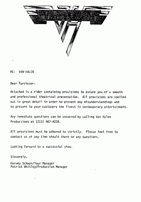 The cover letter of Van Halen's rider.