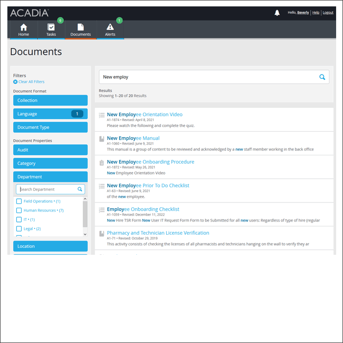 Acadia search results screen with filters